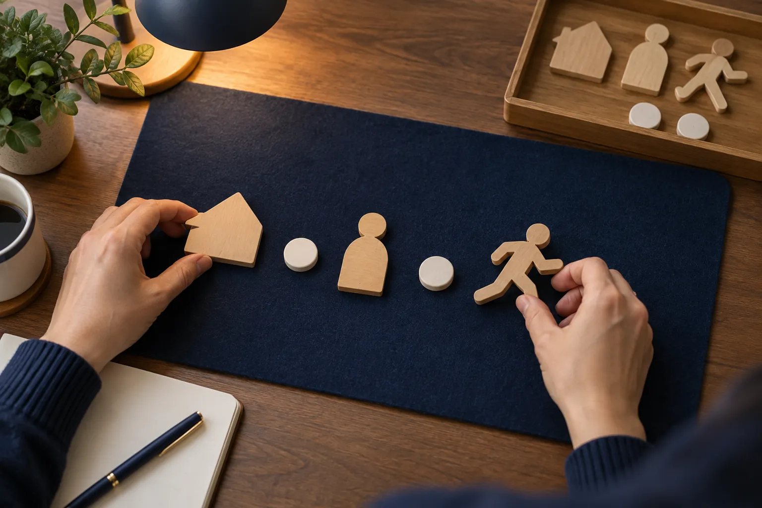 Hands arrange wooden place, person and action pieces with two neutral connector tokens on dark blue felt