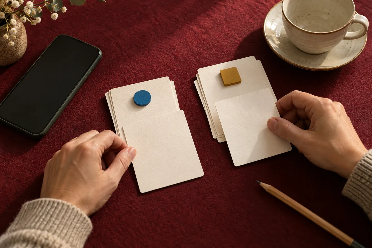 Hands sorting blank practice cards with blue and ochre tokens on a burgundy felt table
