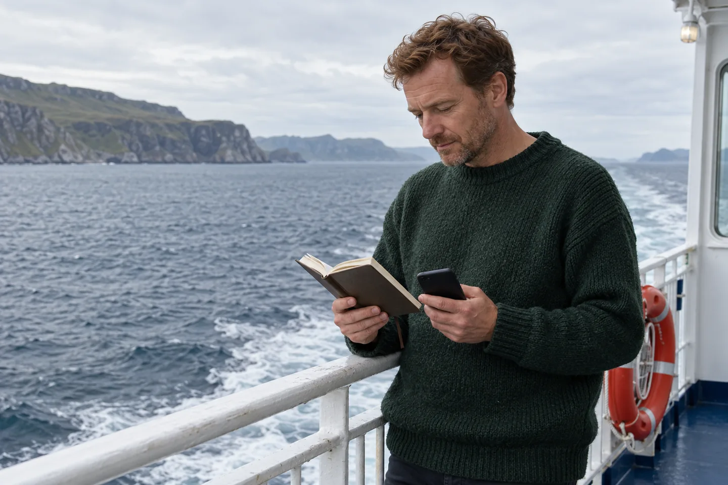 European man studying a paper notebook with a plain phone on a seaside ferry deck