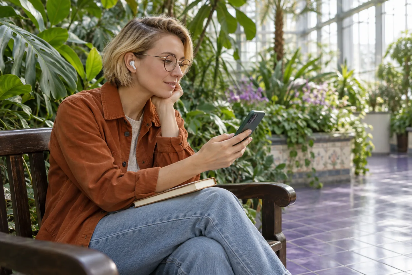 European woman with earbuds listening on a conservatory bench beside tropical plants