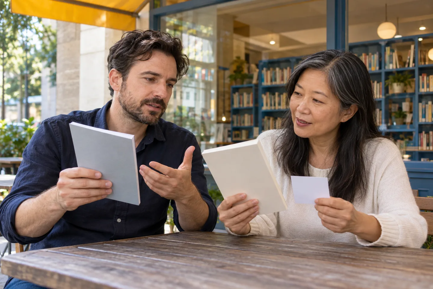Européen et femme d’Asie orientale comparant des livrets et une carte devant une bibliothèque