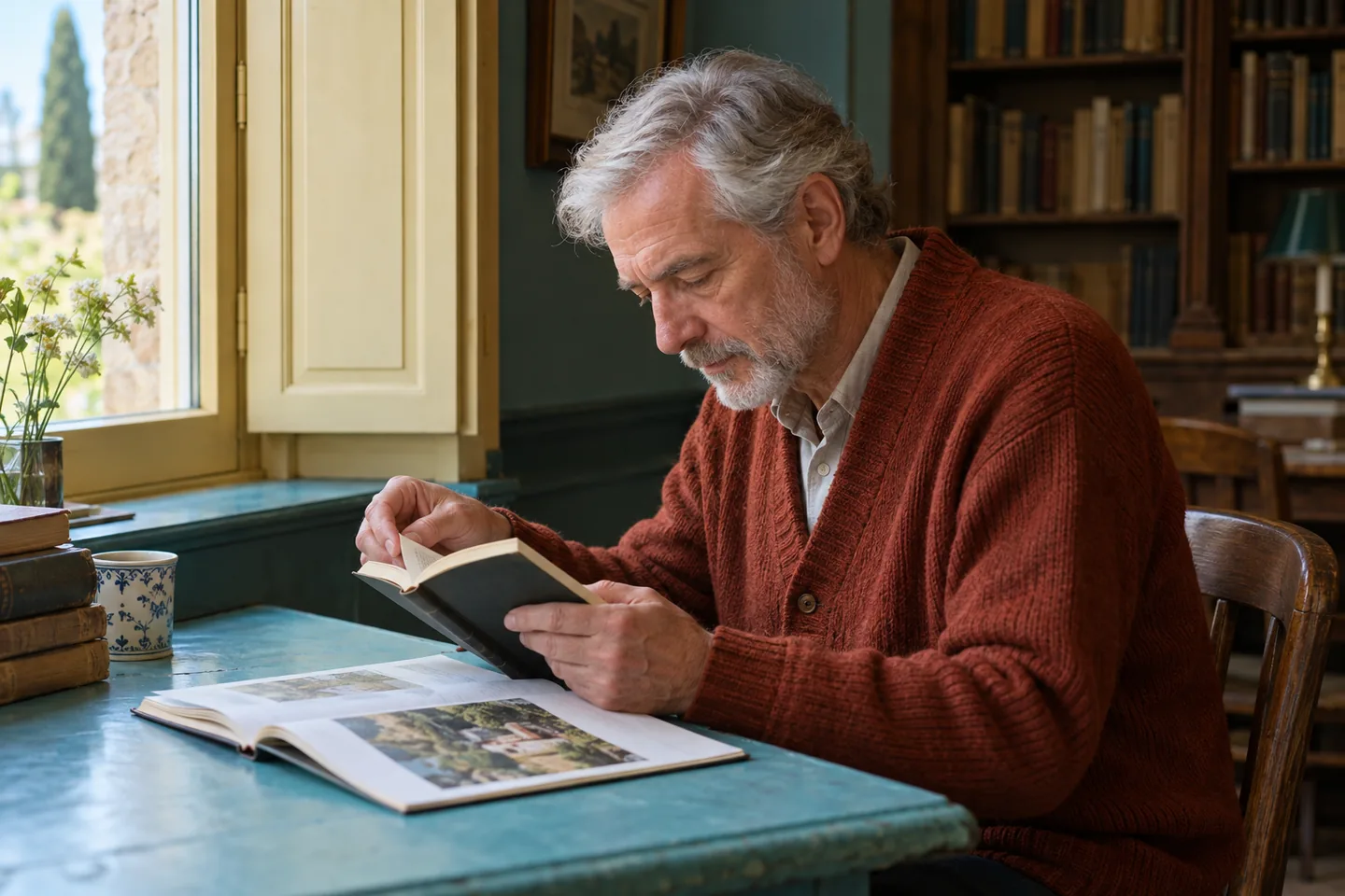 Européen aux cheveux gris en cardigan rouille consultant un ouvrage près d’un récit à une table turquoise