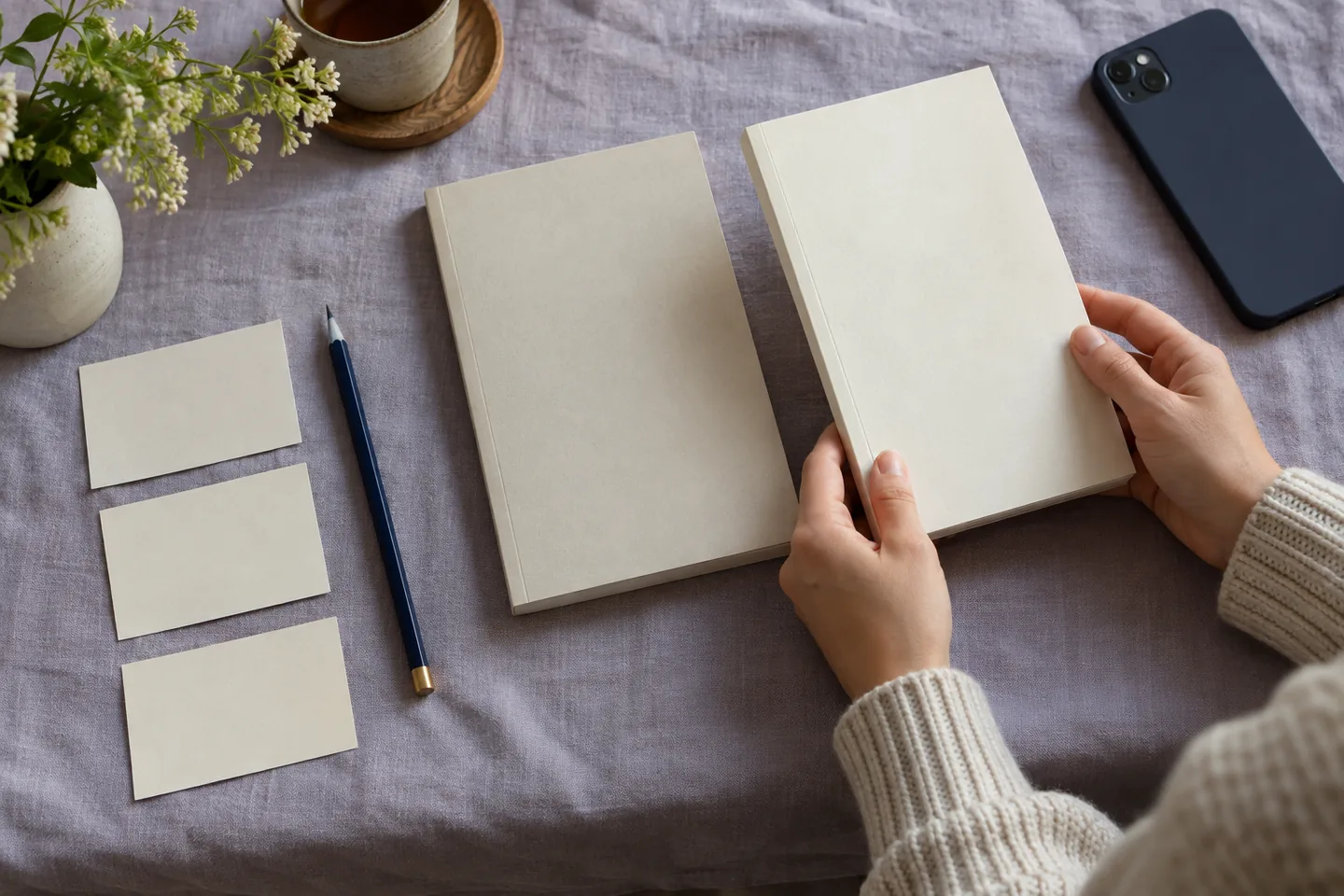 Mains comparant deux livres sobres et trois cartes sur du lin lavande près d’un téléphone