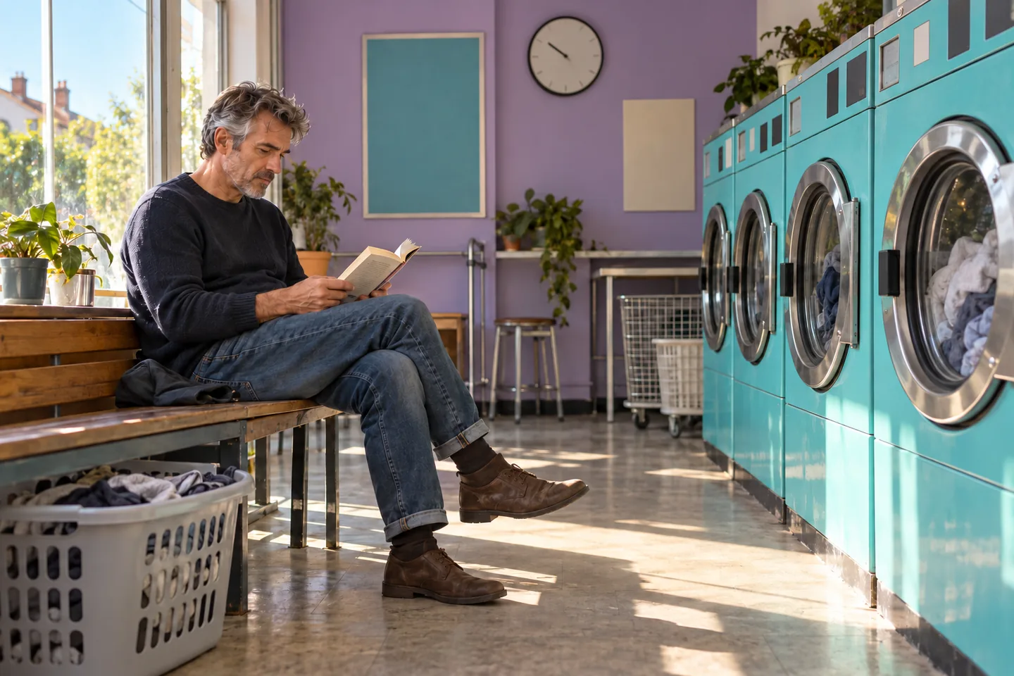 European man reading a paperback while waiting beside turquoise washing machines