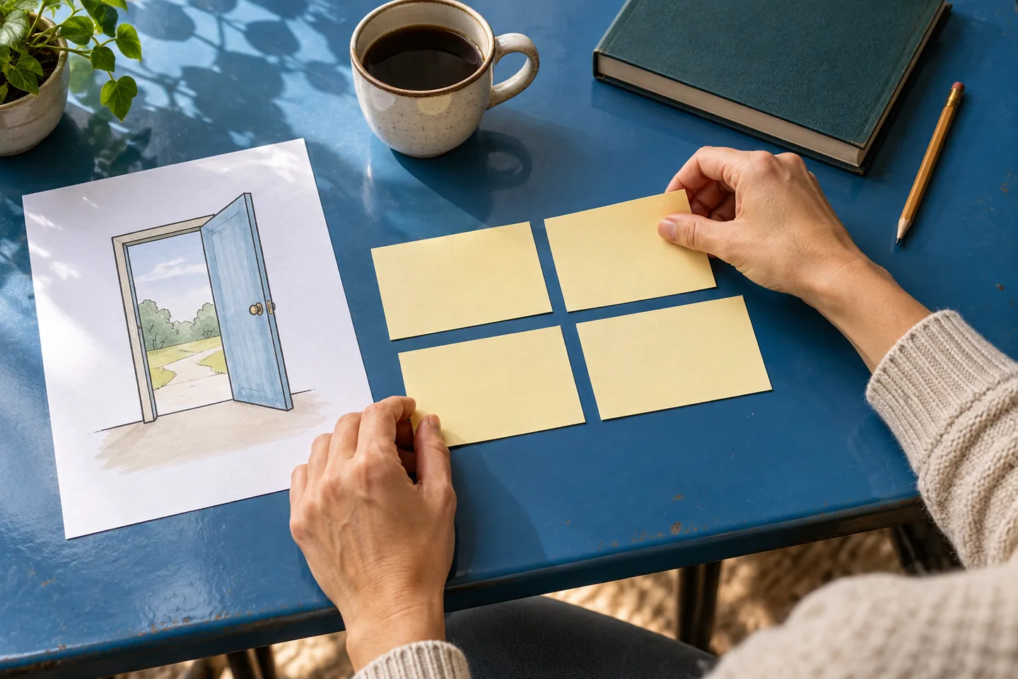 Mains disposant des cartes jaunes près d’un dessin de porte sur une table bleue