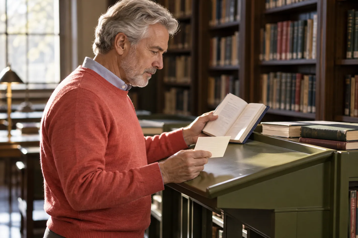 Européen aux cheveux gris vérifiant un livre et une carte à un pupitre olive de bibliothèque
