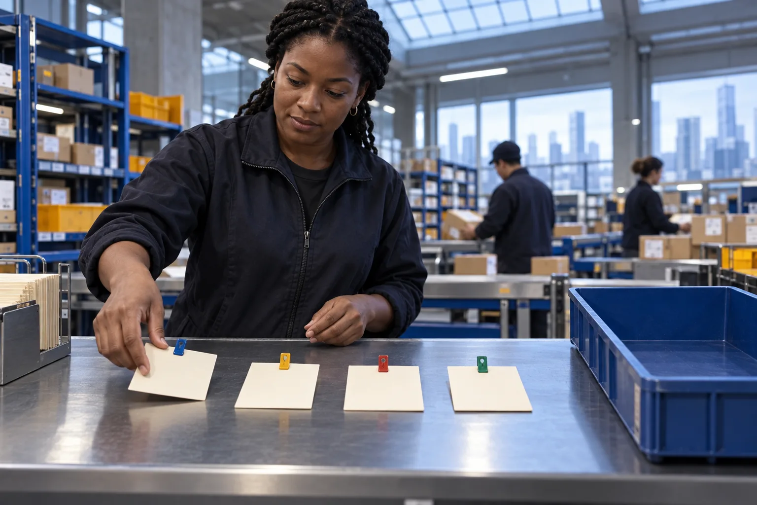 Adult worker rearranging plain parcel cards while colored fasteners remain attached and a destination tray stays at the right