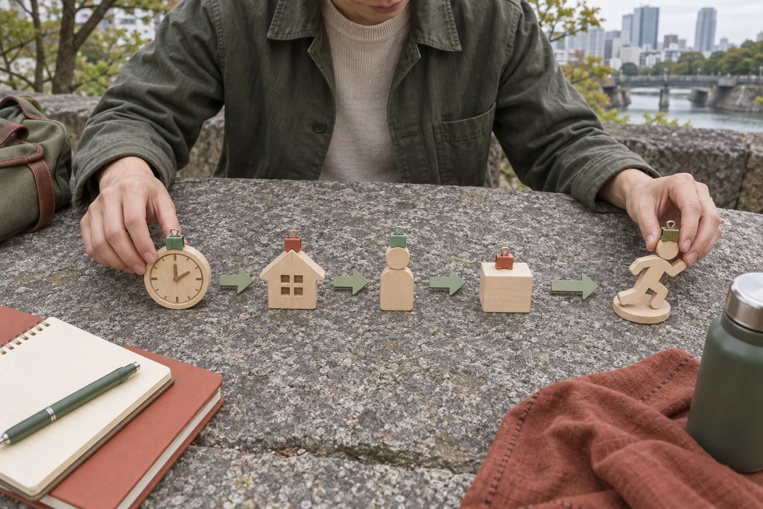 Learner arranging plain wooden time, place, person and object figures along a path toward a final action figure
