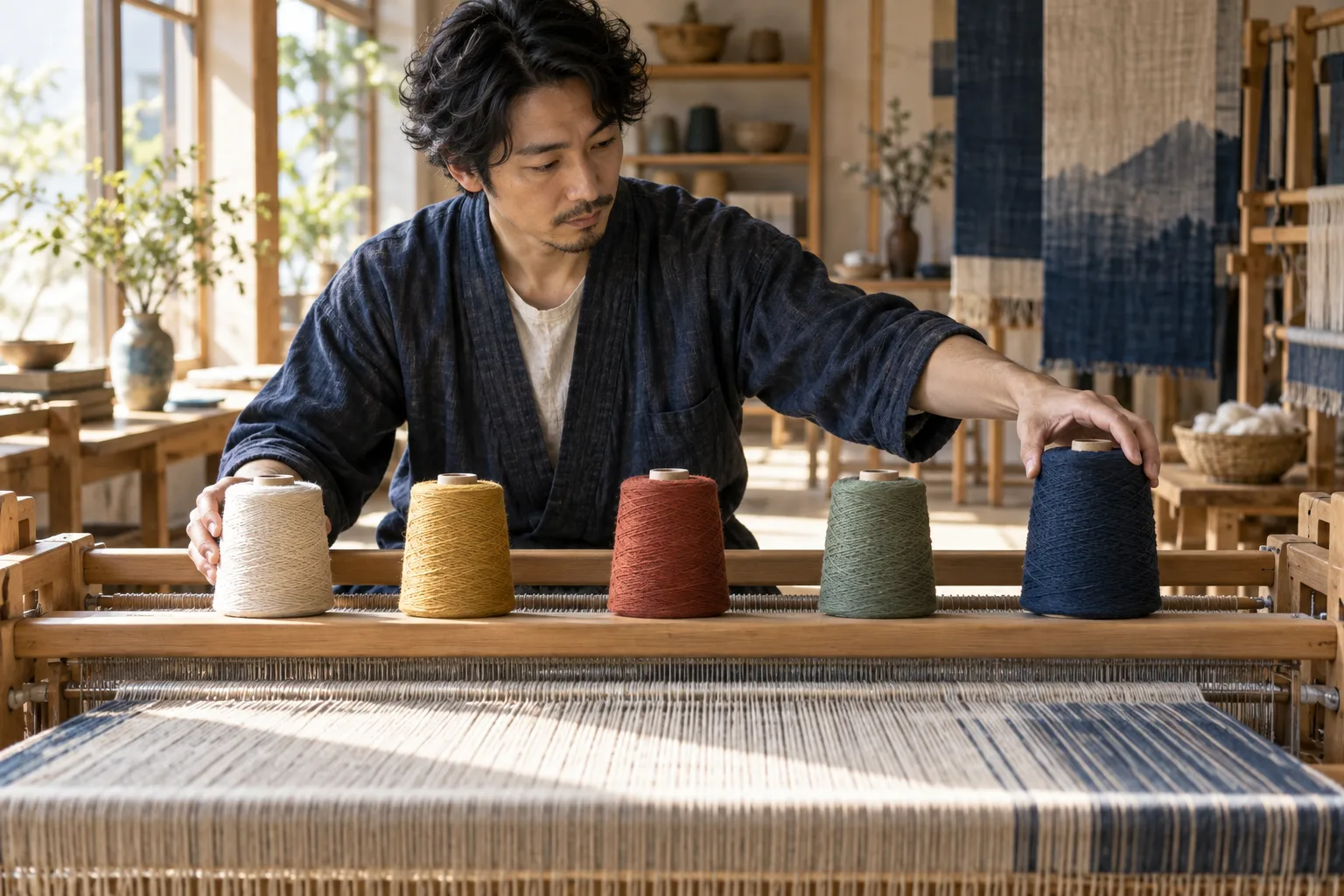 Adult learner arranging five colored yarn spools across a loom with a dark blue spool anchoring the right edge