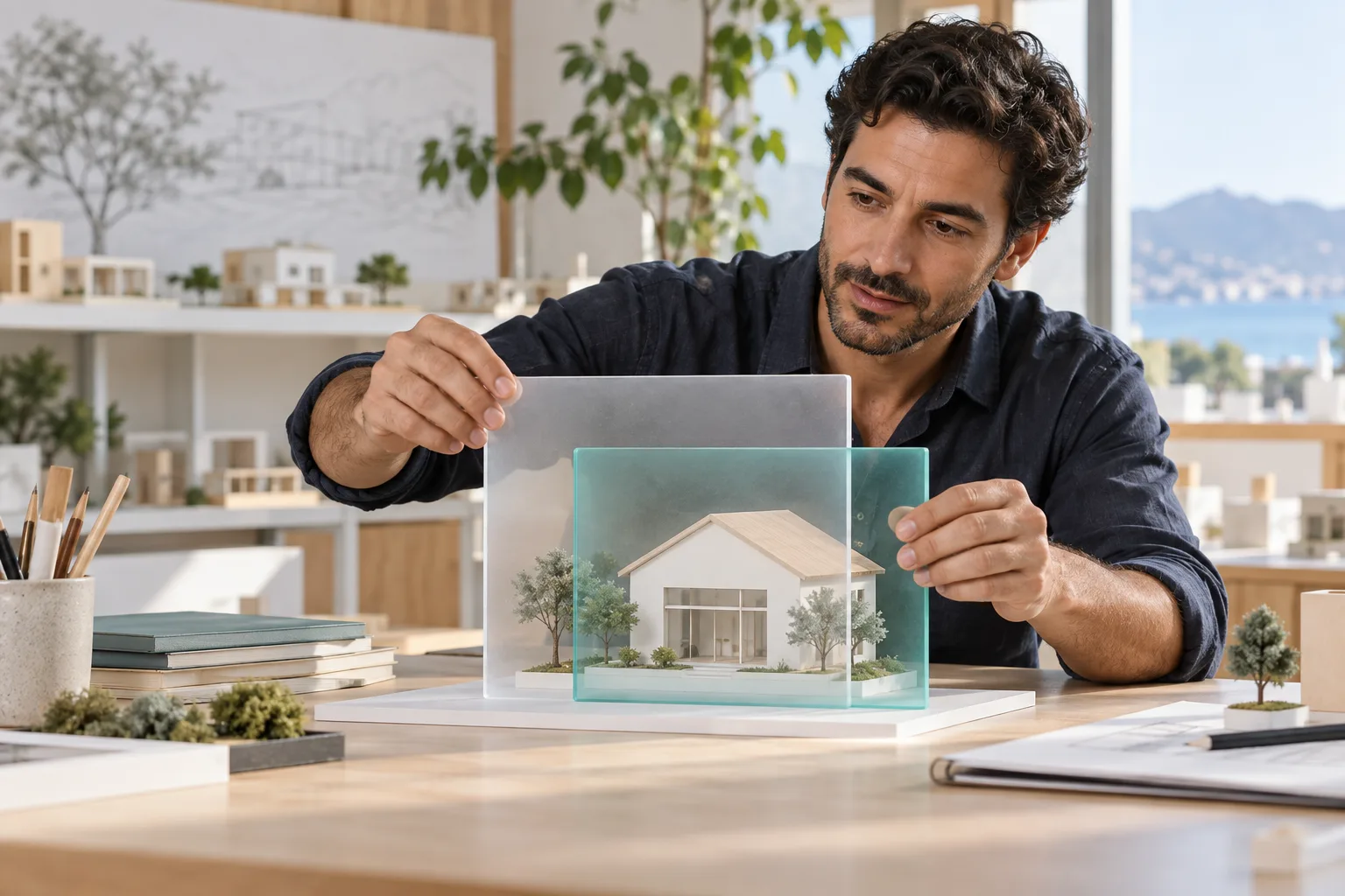 Adult learner placing two translucent descriptive frames directly in front of a small architectural model house