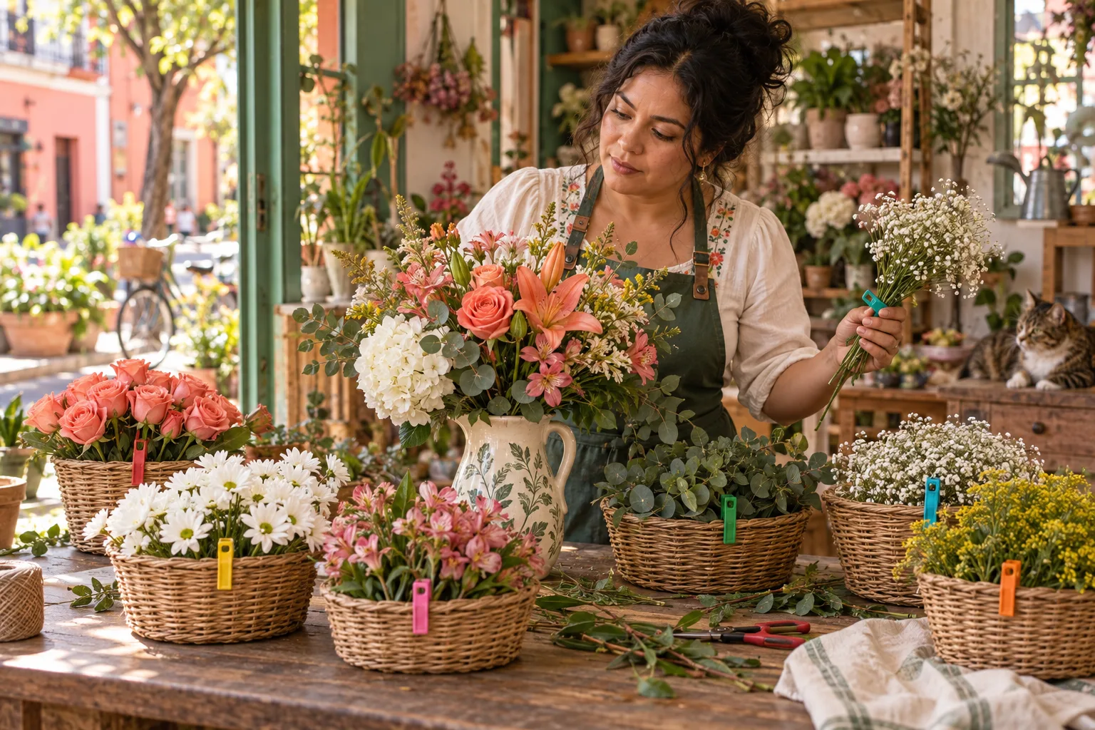 Florist organizing flower groups held by different colored clips around one central arrangement