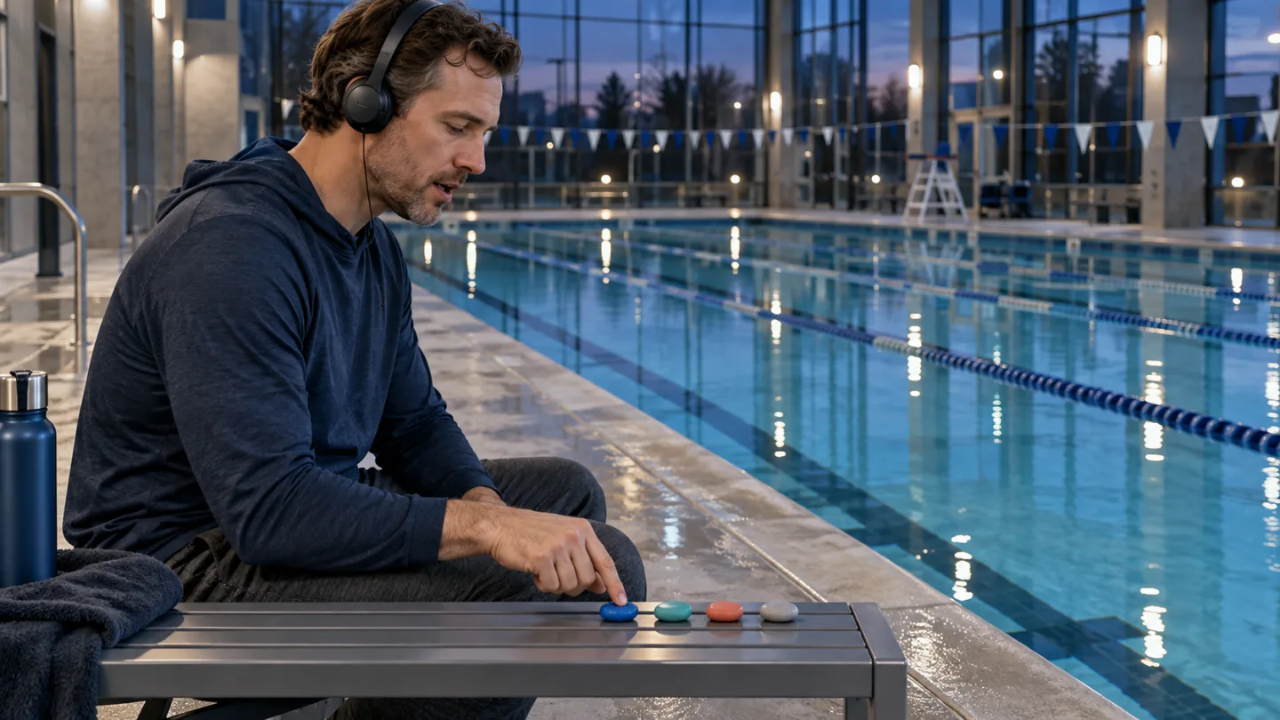Adult learner beside an indoor pool taps four colored stones while quietly following audio