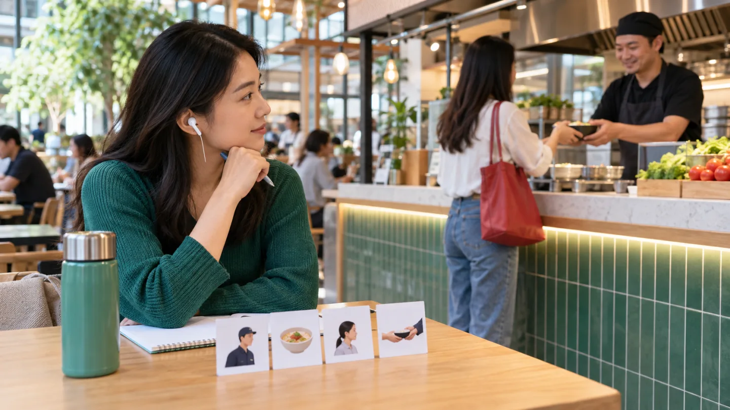 Adult learner in a food hall maps a short ordering exchange with four picture-only cards