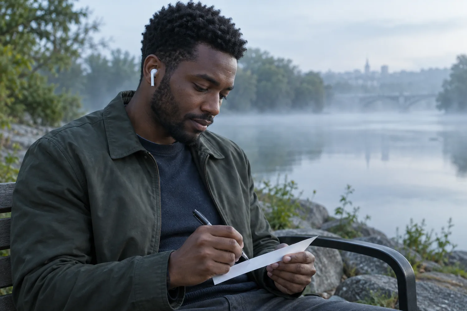 Adult learner beside a misty river listens through one earbud and reviews a small speaking prompt