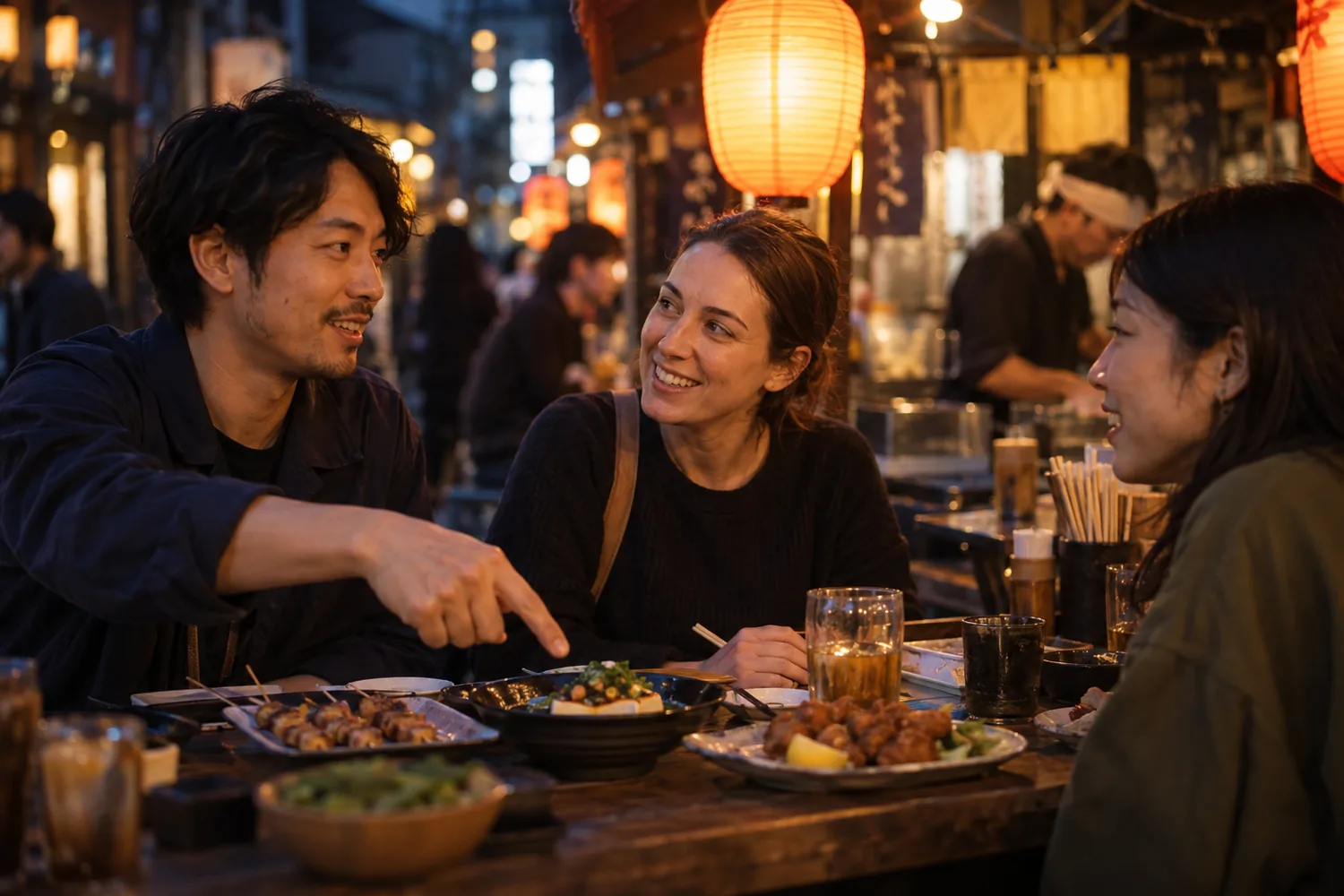 Three adults share a relaxed Japanese conversation at a warmly lit evening food stall