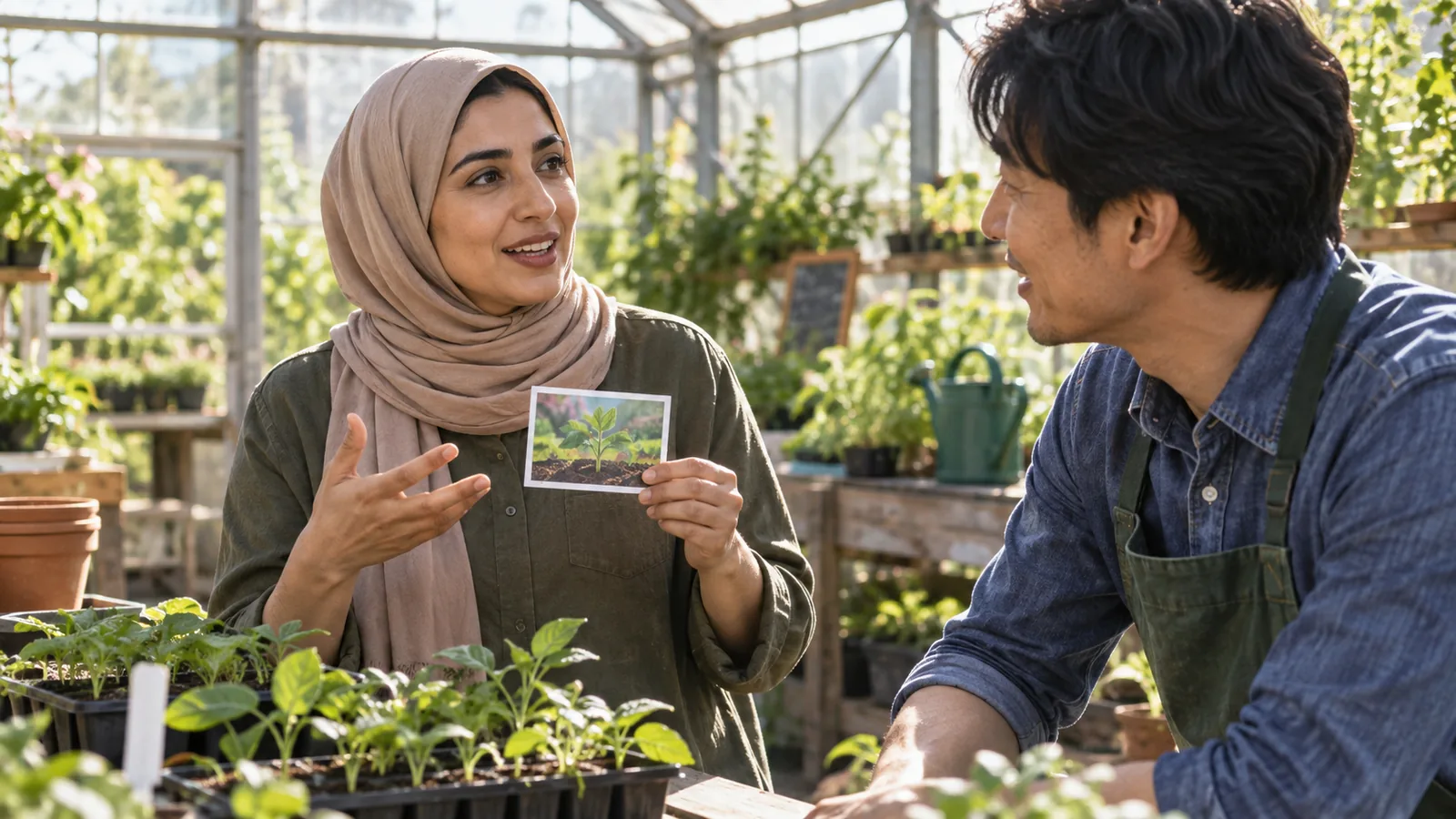 Adult learner in a bright greenhouse uses a picture prompt while speaking Japanese with a partner