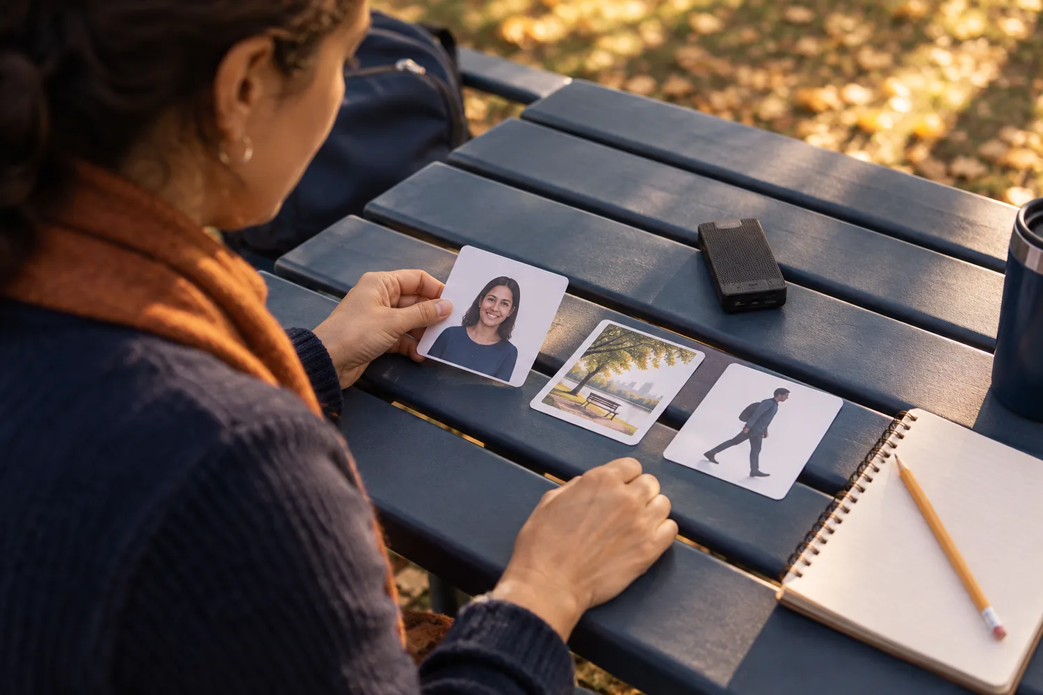 Hands sort picture cards on a park table to choose a personal Japanese answer