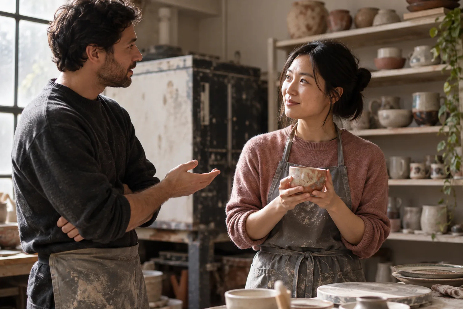 Two adult learners practise a short Japanese exchange while shaping clay in a pottery studio