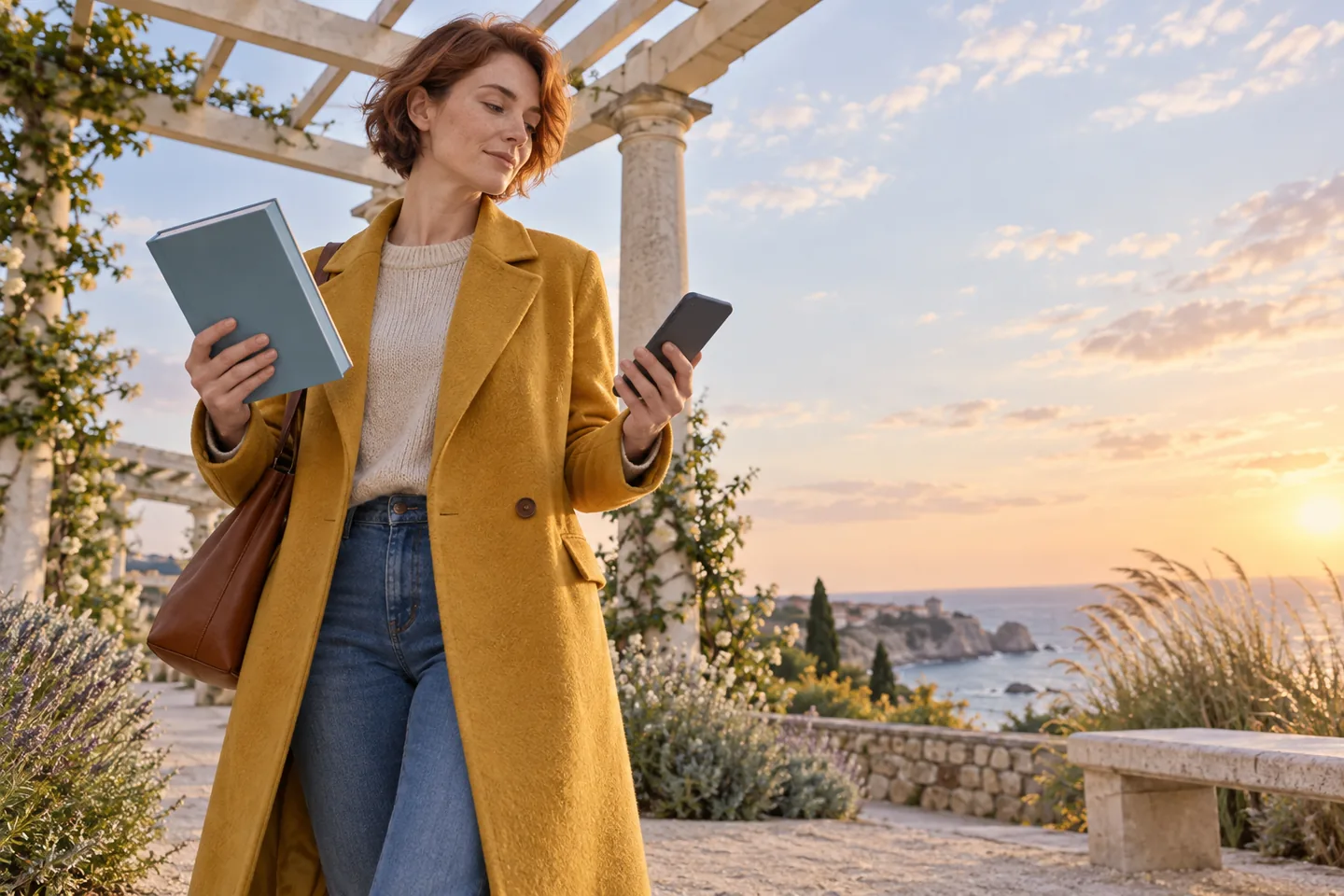 European woman comparing a blue book and a phone under a coastal stone pergola