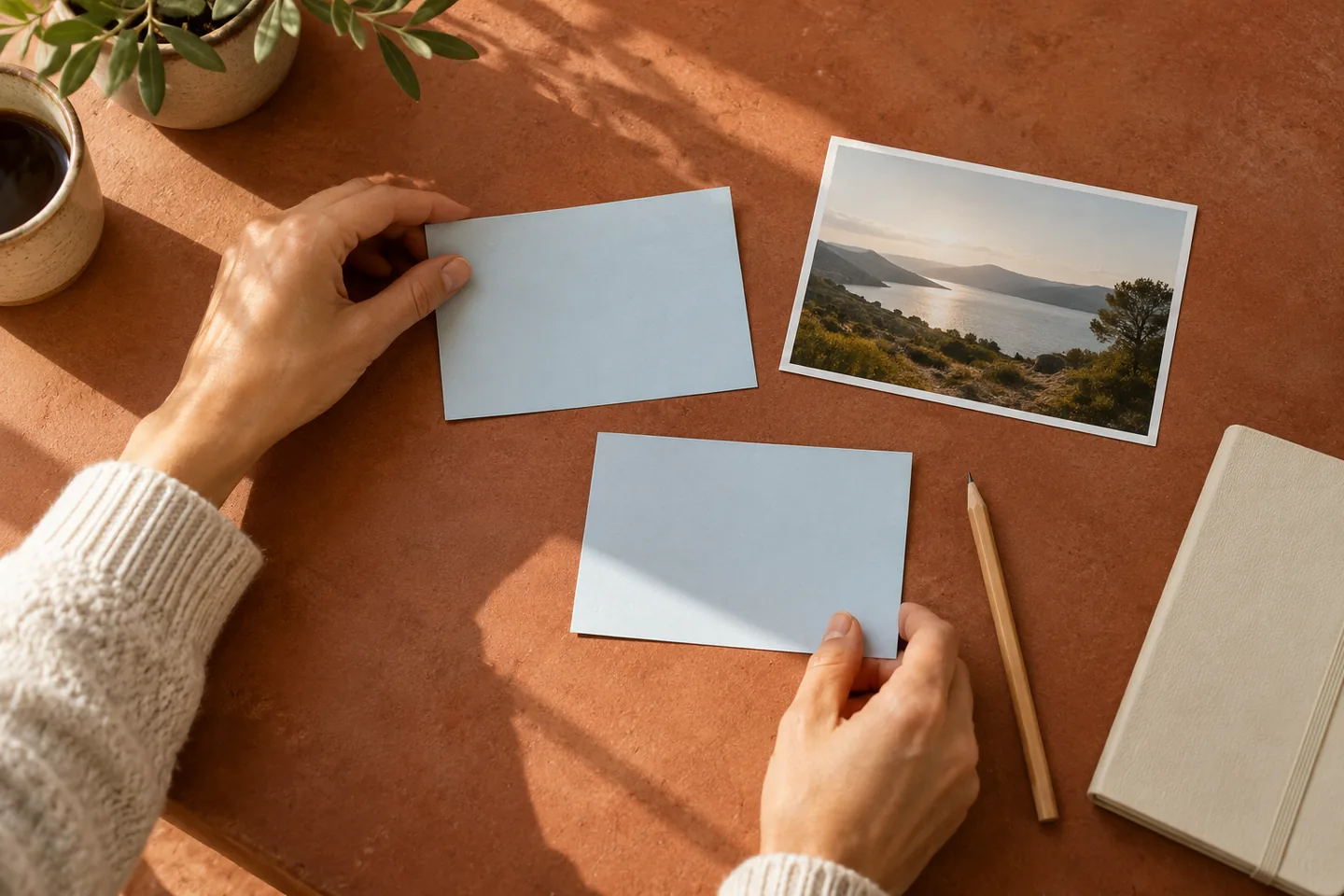 Hands arranging pale blue cue cards beside a landscape photo on a terracotta table