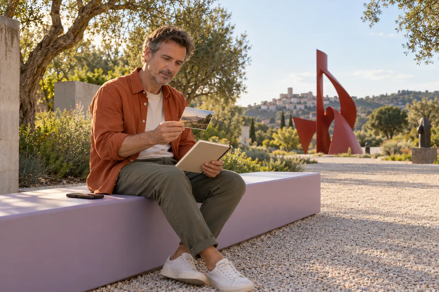 European man in a burnt-orange overshirt comparing a landscape photo and sketchbook on a lilac bench in a sunny sculpture garden