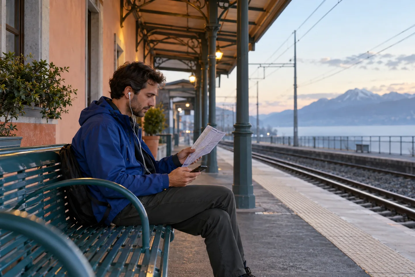 European man in a cobalt jacket listening with earphones and a paper cue on a teal station bench