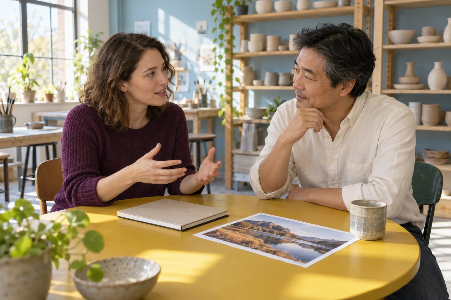 European woman and East Asian man discussing a sketchbook and landscape photo in an art studio