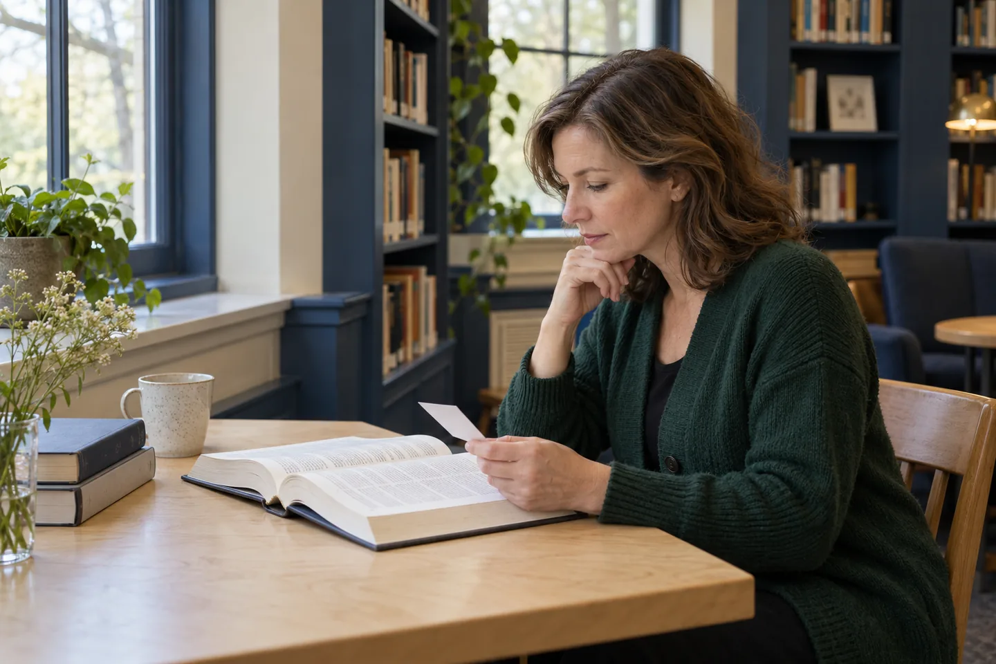 European woman in a green cardigan checking a book and paper cue in a navy library alcove