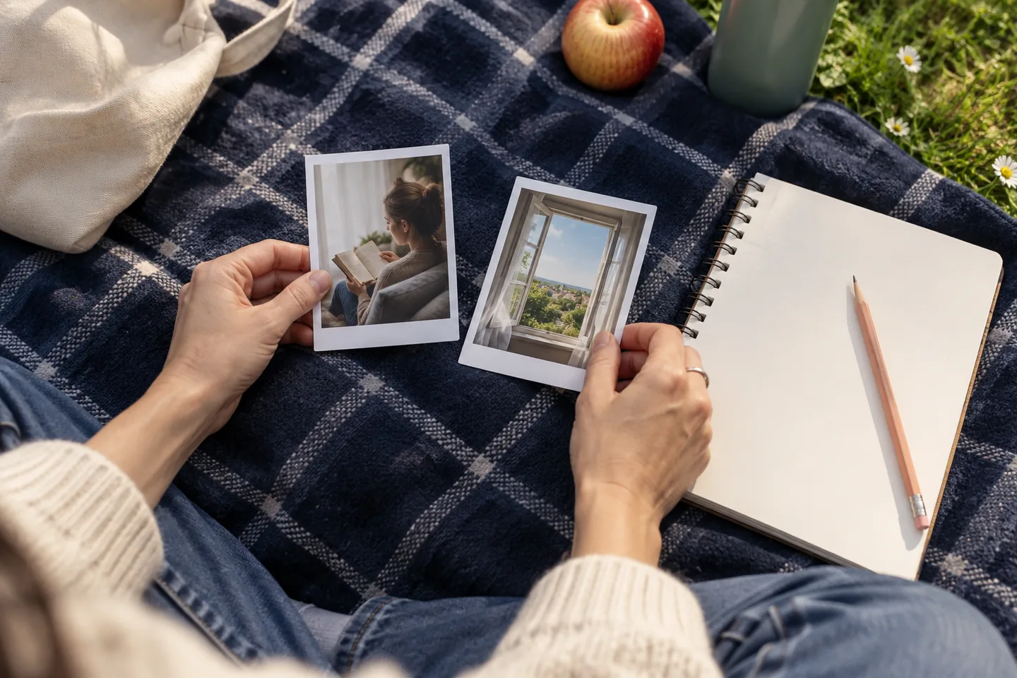 Learner’s hands comparing picture cards of reading and an open window beside a notebook on a picnic blanket