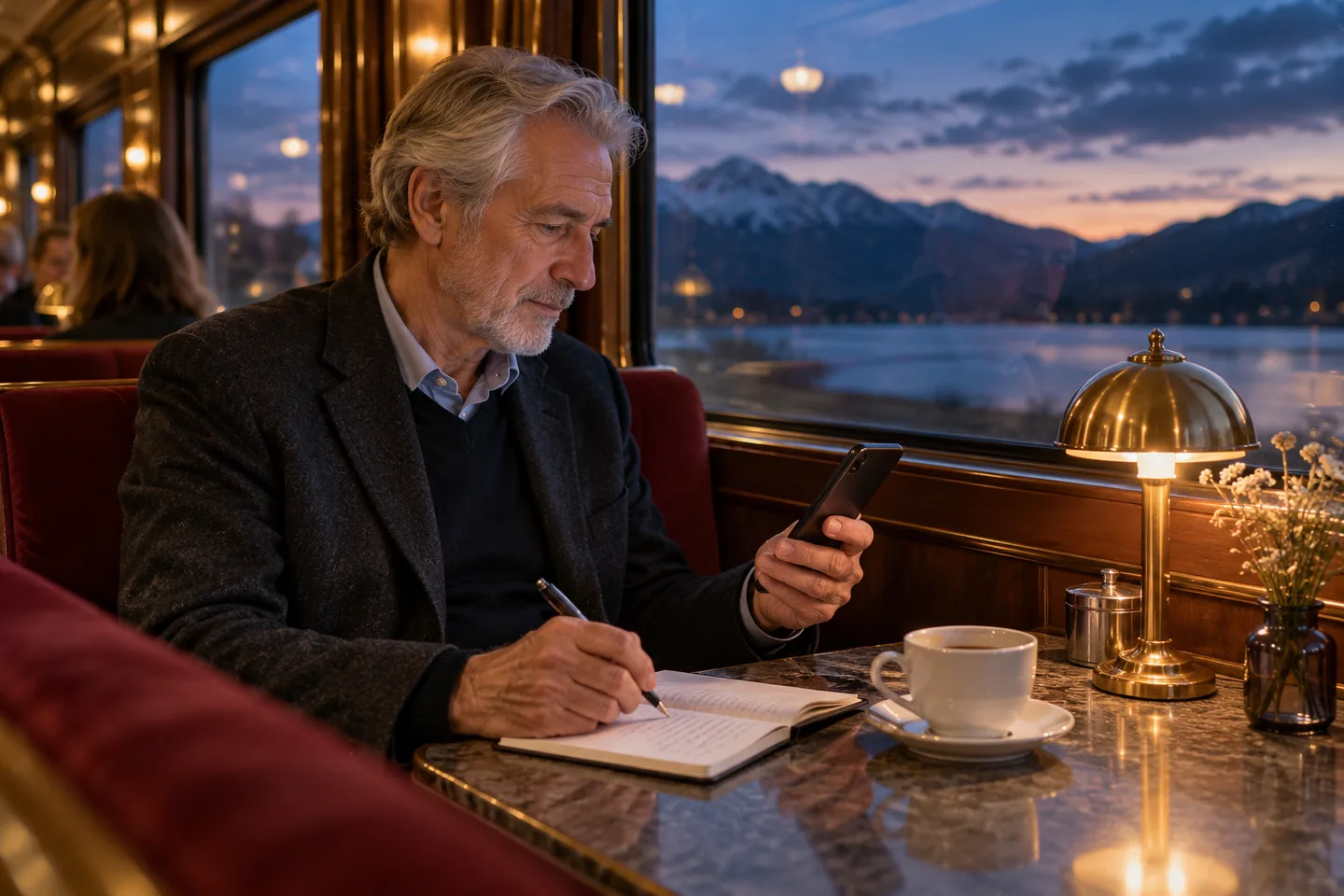 Older European man reviewing a small notebook while holding a phone in a railway café booth at twilight