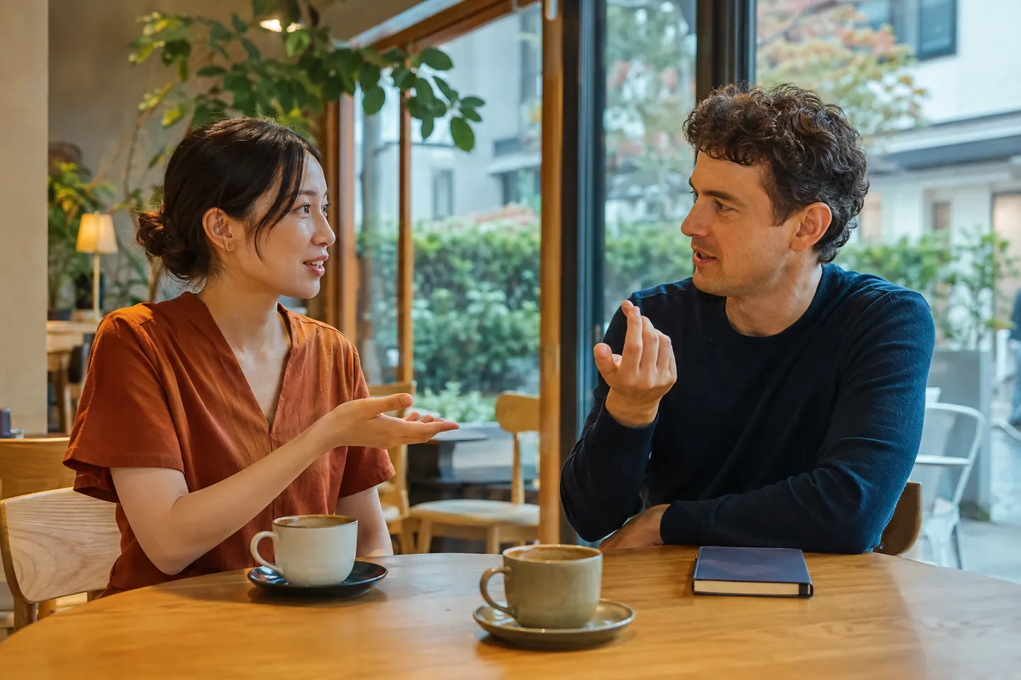 Two adult language partners practising short Japanese requests and responses in a quiet neighborhood café