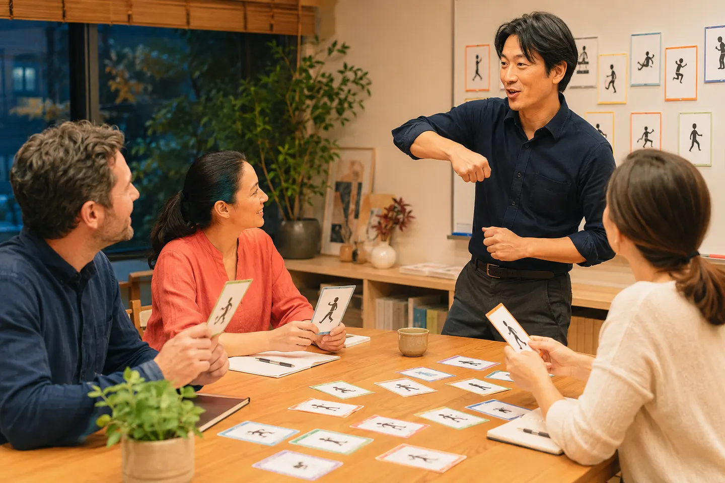 Japanese instructor and diverse adult learners practising action verbs with illustrated cards in a lively evening workshop