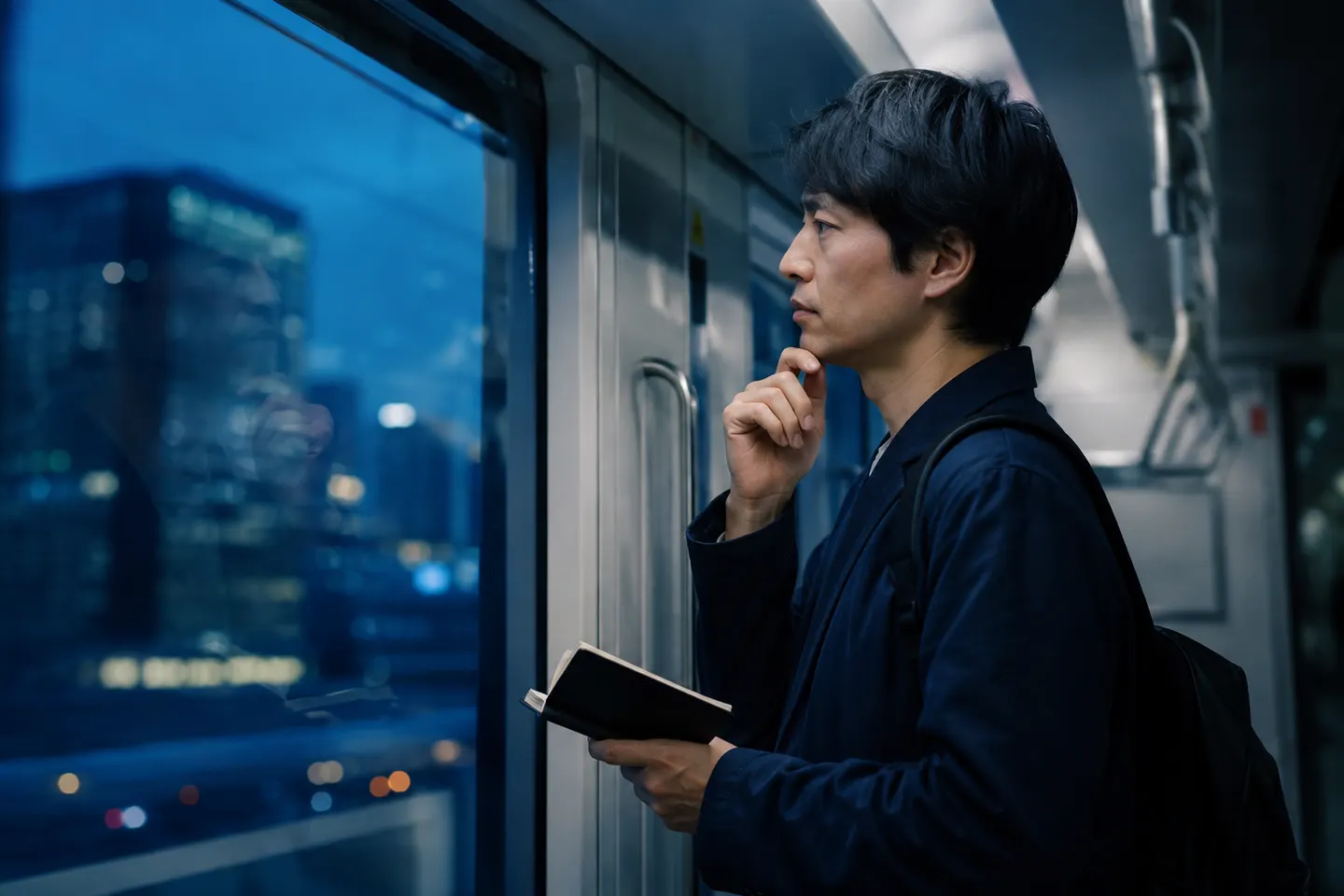 Adult commuter recalling a Japanese verb form from memory before checking a notebook on a quiet evening train