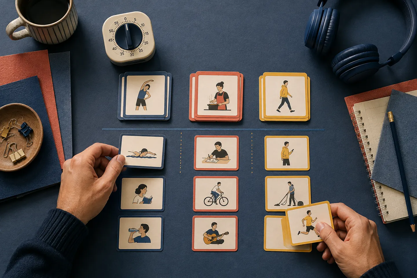 Adult hands sorting illustrated action cards into three color-coded Japanese verb groups beside a timer