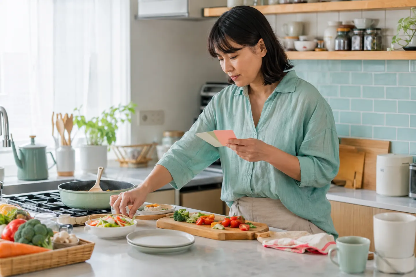 Adult learner rehearsing a sequence of cooking, serving and cleaning actions in a bright home kitchen