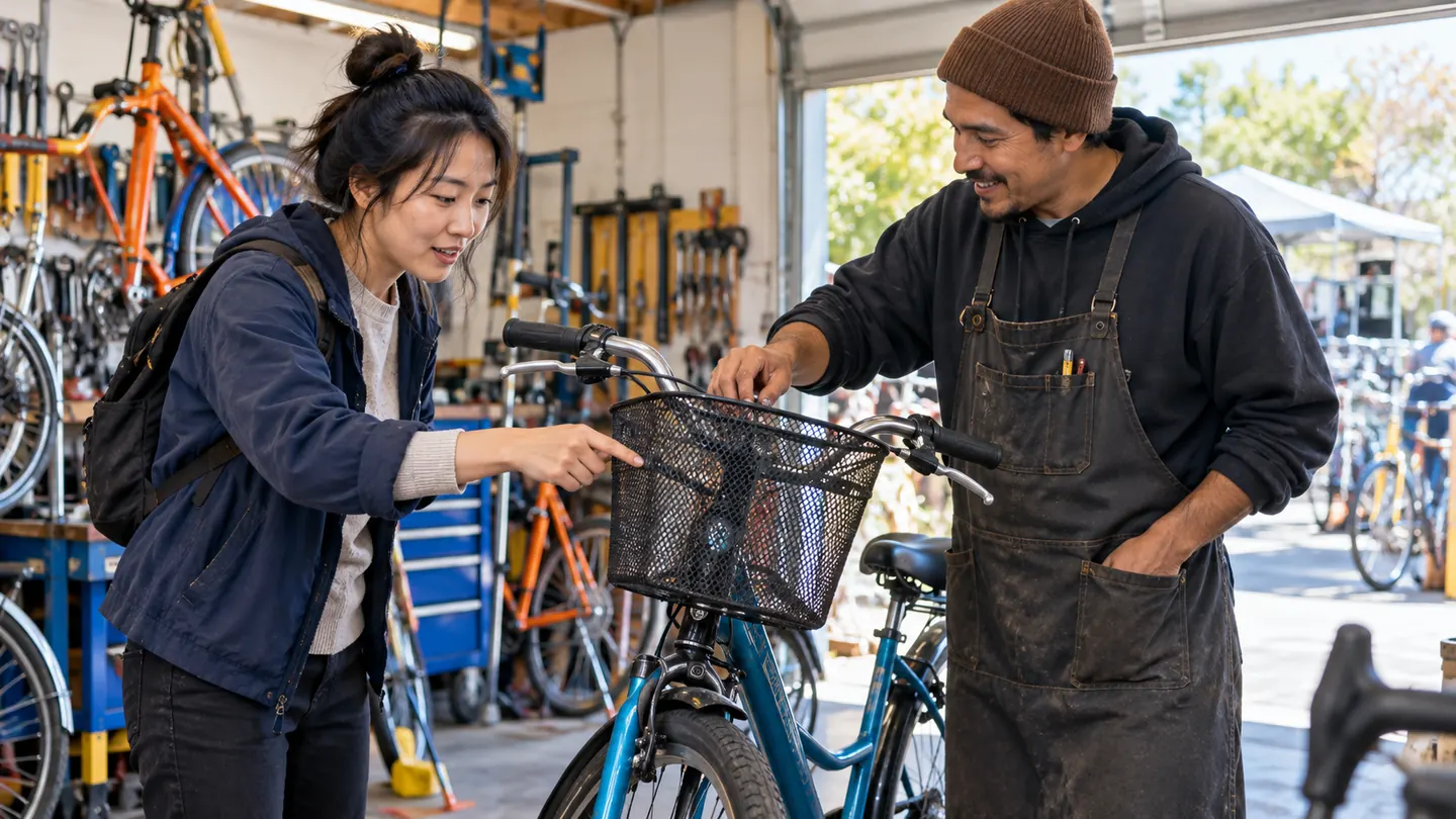 Two adults in a community bicycle workshop using a remembered Japanese word in a practical new exchange