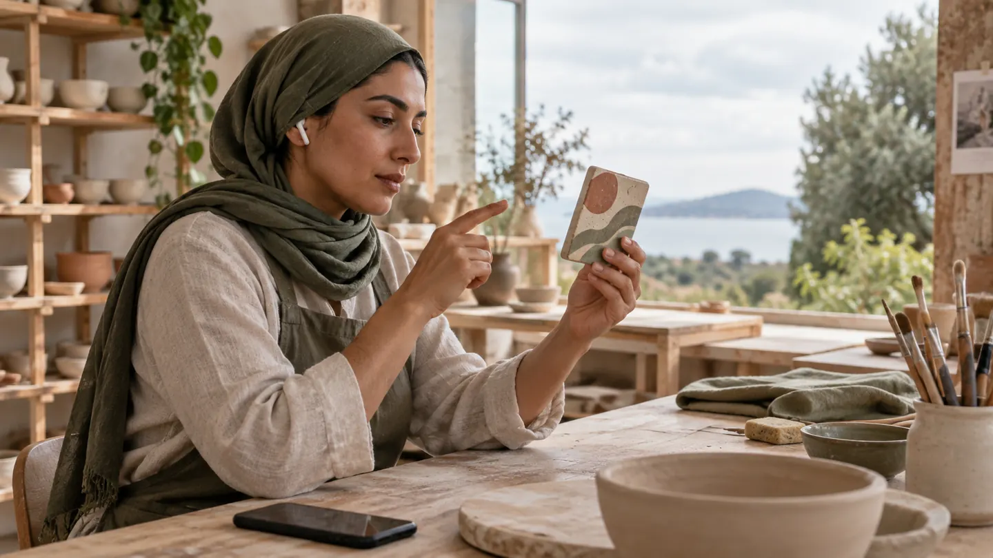 Adult learner in a ceramics studio listening through one earbud while tracing a remembered visual form in the air