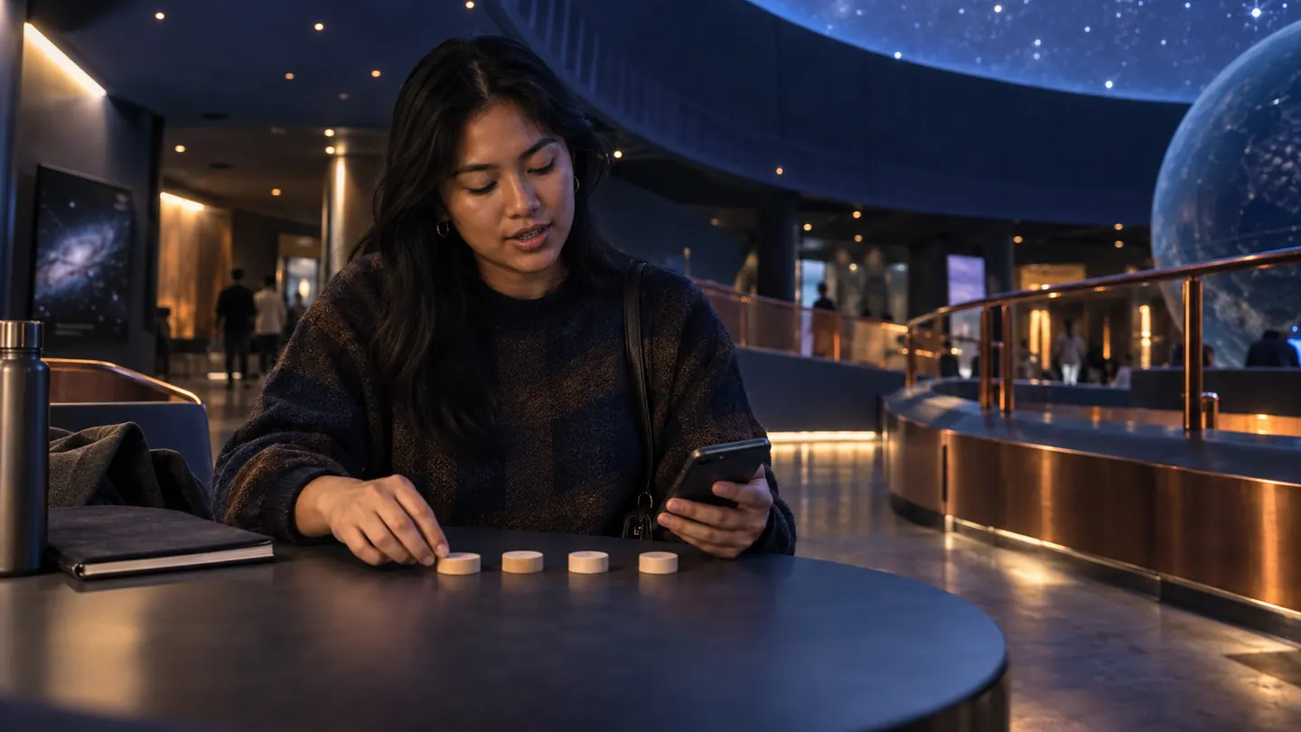 Adult learner in an indigo planetarium lobby arranging four wooden markers while recalling a Japanese word
