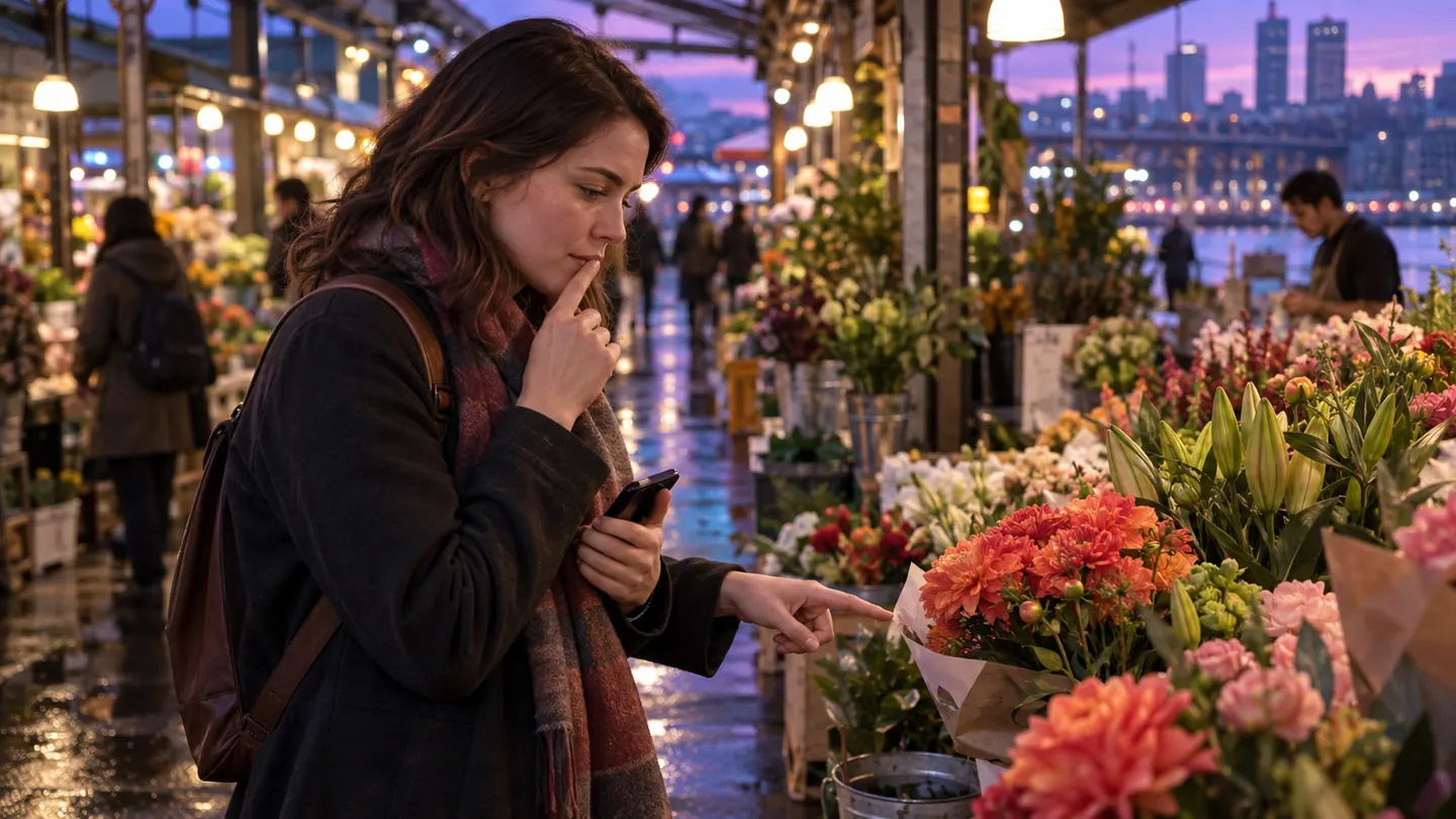 Adult learner at an evening flower market trying to recall a Japanese word before uncovering the phone answer