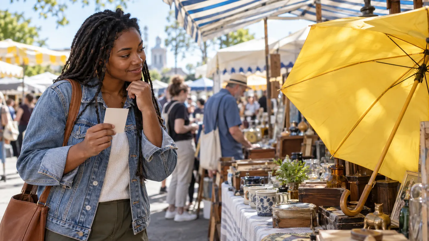 Adult learner at a bright flea market recognizing the connection between a yellow umbrella and a studied word