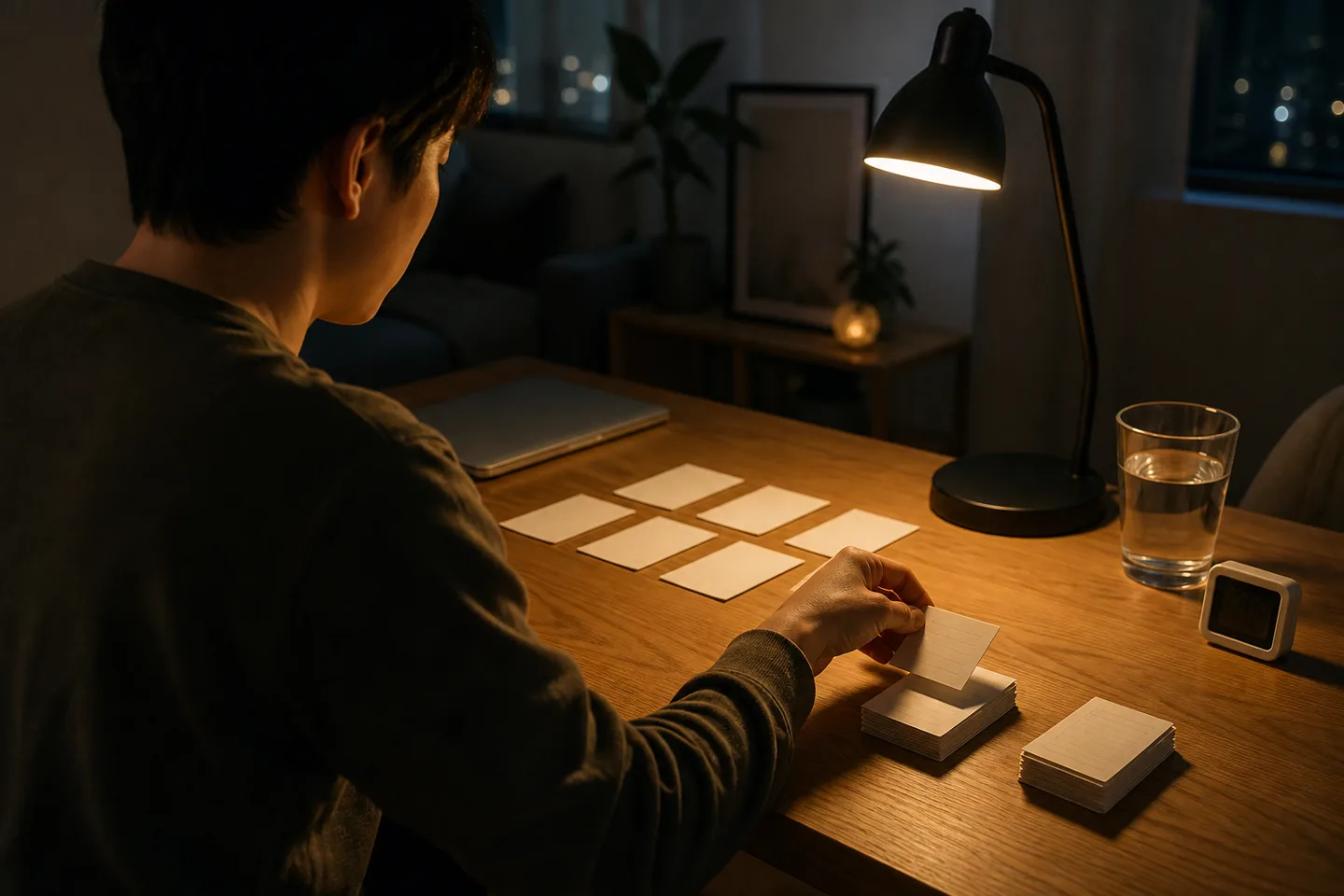 Adult commuter reviewing a small set of Japanese vocabulary cards during a quiet morning train ride