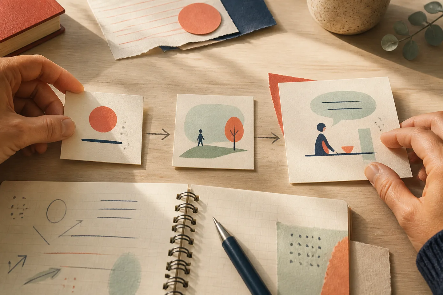 Hands arranging three illustrated study cards to move from a Japanese word to context and a complete sentence