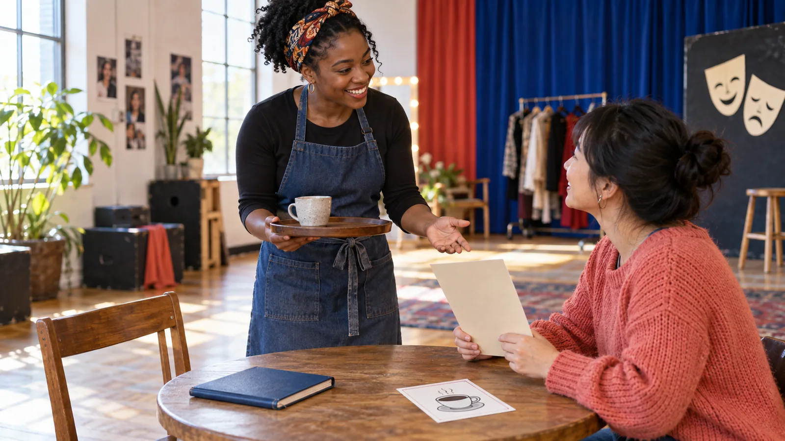 Adult learners practising a café order through a friendly role-play in a warmly lit community theatre