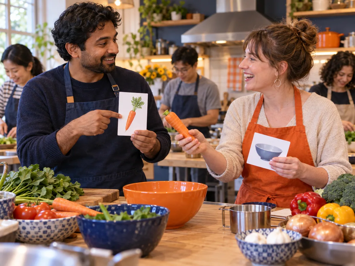 Two adults rehearsing a food request with picture prompts in a lively community cooking class