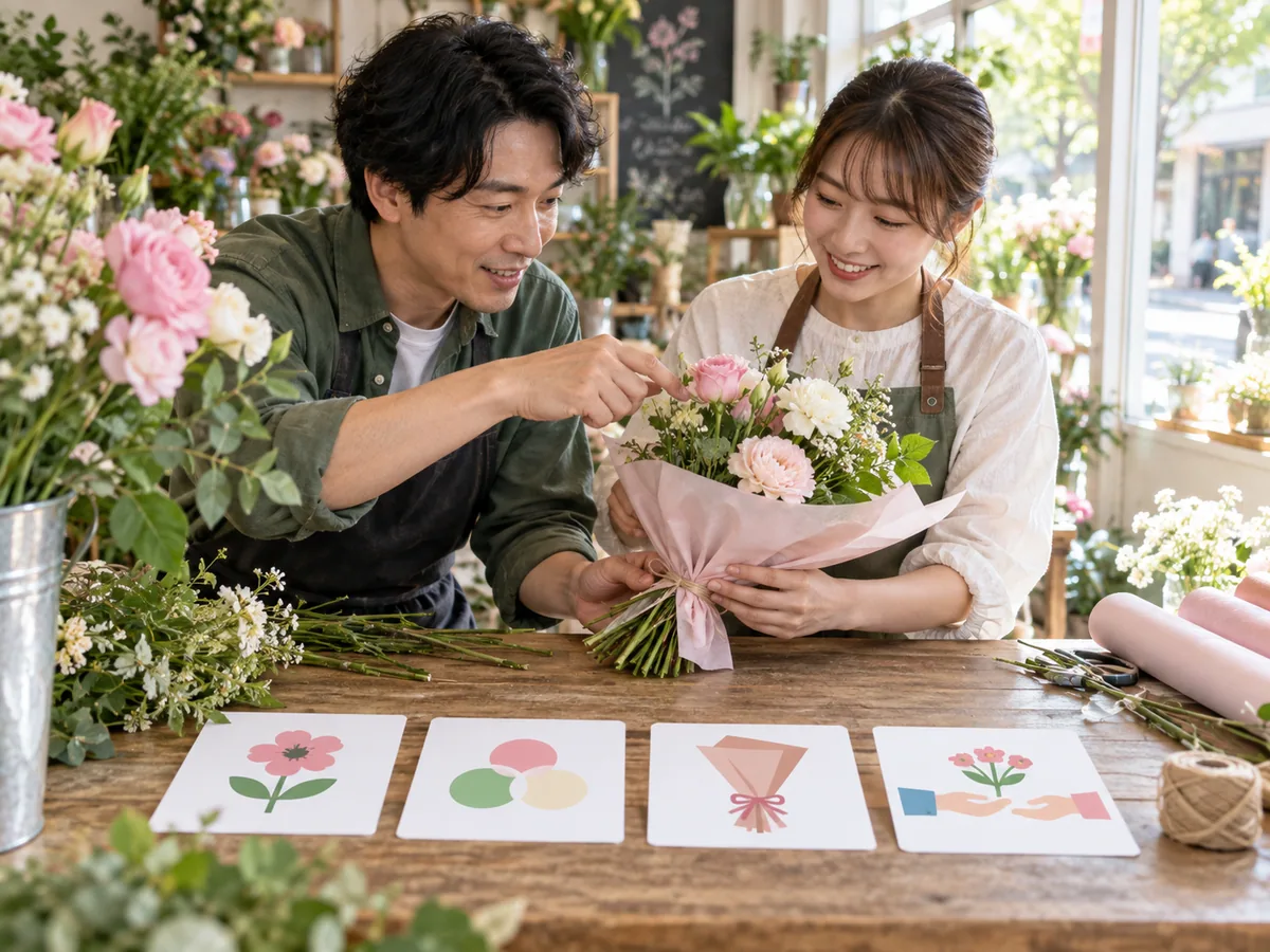 Adult learner grouping flower-shop picture cards by a customer request rather than by isolated word labels