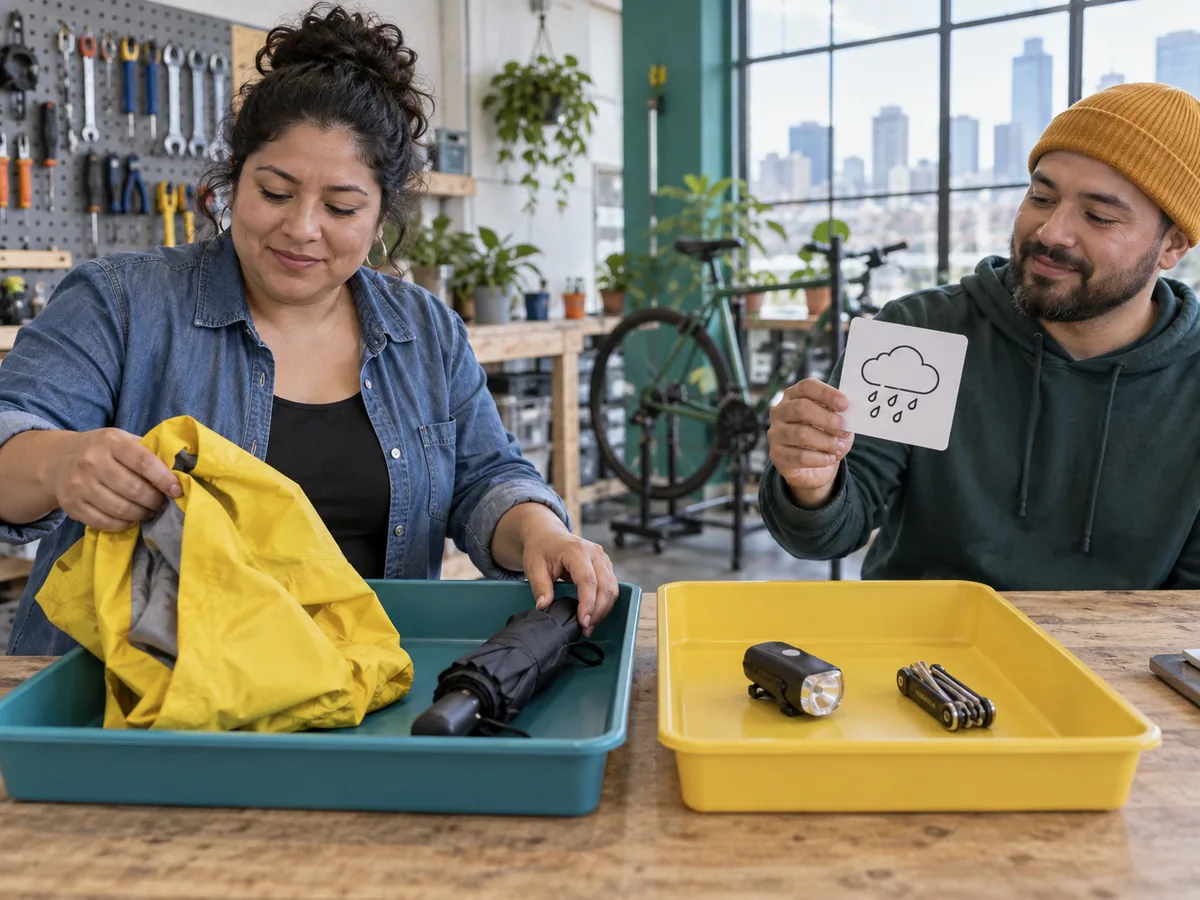 Two adults using weather picture prompts while sorting travel gear in an urban makerspace