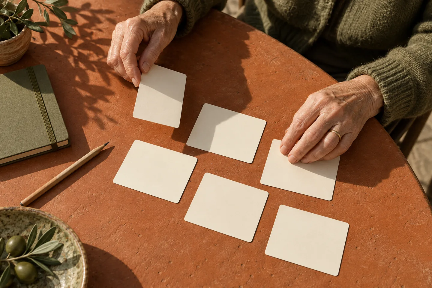 Older woman’s hands shuffling cream study cards on a terracotta tabletop