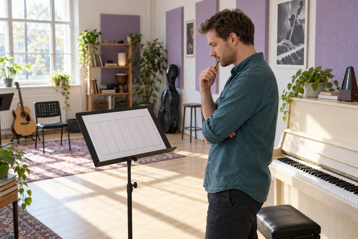 European man checking a paper weekly planner beside a piano in a bright music studio
