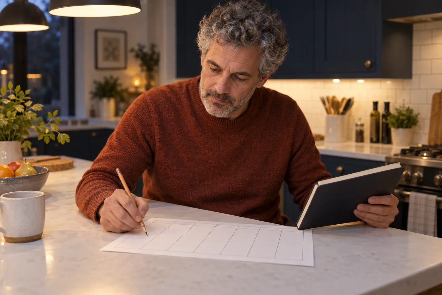 European man working on a paper weekly planner at a kitchen island in evening light