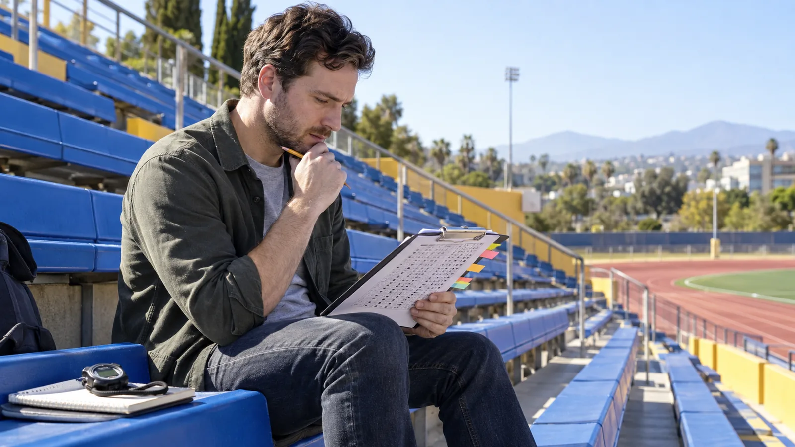 Adult learner on blue stadium seats reviews a mock-test answer sheet with colored tabs and a stopwatch
